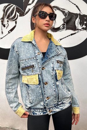 Quick Outfits, Modest Fashion Outfits Ideas Mid Wash Patchwork Denim Jacket