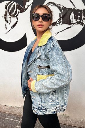 Quick Outfits, Modest Fashion Outfits Ideas Mid Wash Patchwork Denim Jacket