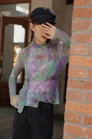 Quick Outfits, Modest Fashion Outfits Ideas Patchwork Asymmetric Mesh Top