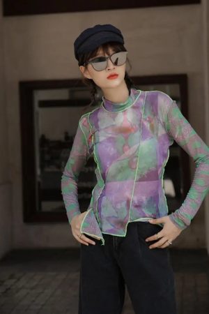 Quick Outfits, Modest Fashion Outfits Ideas Patchwork Asymmetric Mesh Top