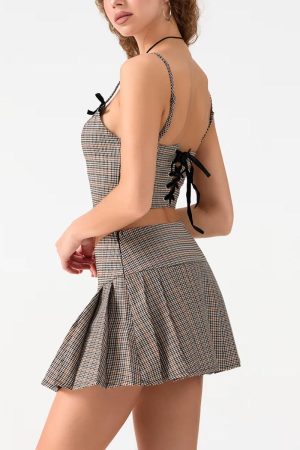 Quick Outfits, Modest Fashion Outfits Ideas Plaid Top & Mini Skirt Two Piece Set