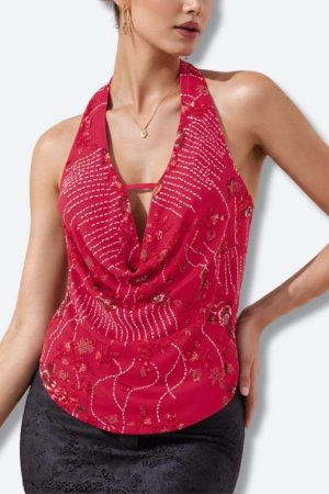 Quick Outfits, Modest Fashion Outfits Ideas Plunge Neck Sequined Beaded Top