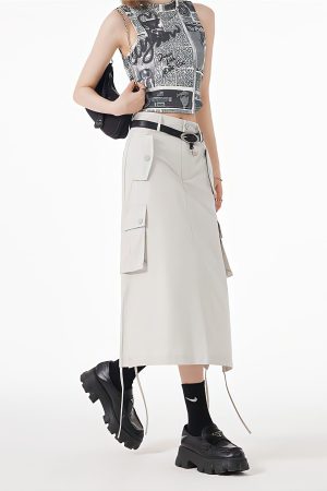 Quick Outfits, Modest Fashion Outfits Ideas Slit & String Detailed Cargo Midi Skirt