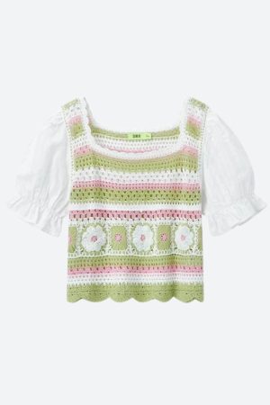Quick Outfits, Modest Fashion Outfits Ideas Soft Girl Floral Hollow Out Knitted Top