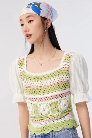 Quick Outfits, Modest Fashion Outfits Ideas Soft Girl Floral Hollow Out Knitted Top