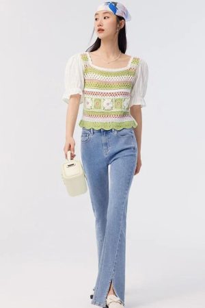 Quick Outfits, Modest Fashion Outfits Ideas Soft Girl Floral Hollow Out Knitted Top