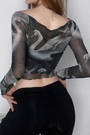 Quick Outfits, Modest Fashion Outfits Ideas Swan Graphic Asymmetrical Mesh Top