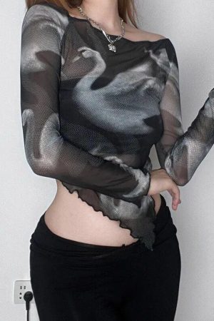 Quick Outfits, Modest Fashion Outfits Ideas Swan Graphic Asymmetrical Mesh Top
