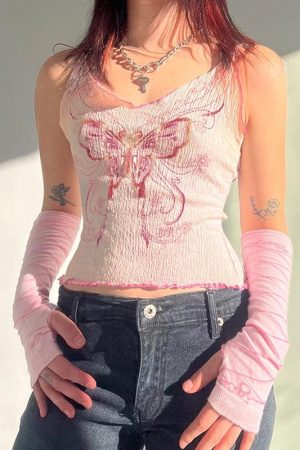 Quick Outfits, Modest Fashion Outfits Ideas Y2K Butterfly Pink Crop Top