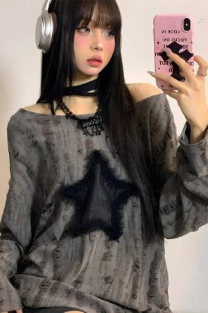 Quick Outfits, Modest Fashion Outfits Ideas Y2K Grunge Star Distressed Sweater