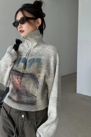 Quick Outfits, Modest Fashion Outfits Ideas Y2K Half Zip-Up Knitted Sweater