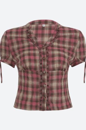 Quick Outfits, Modest Fashion Outfits Ideas Y2K Plaid Ruffled Shirt
