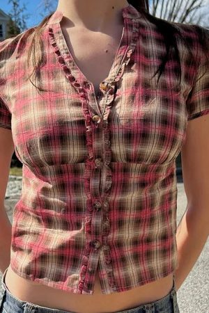 Quick Outfits, Modest Fashion Outfits Ideas Y2K Plaid Ruffled Shirt