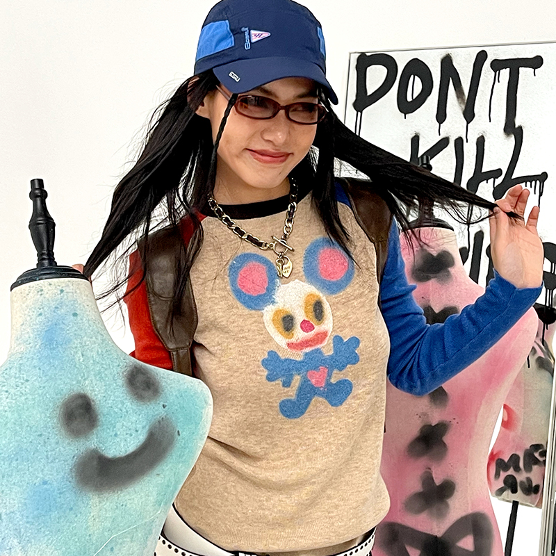 Red and Blue Raglan Sleeve Printed Knit Pullover Long Sleeve T-Shirt - Trendy Casual Style