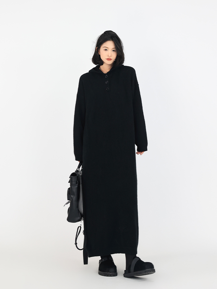 Red Hooded Long Sleeve Dress for Women - Korean Style, Elegant Loose Fit, Autumn and Winter Fashion, Casual Oversized Dress