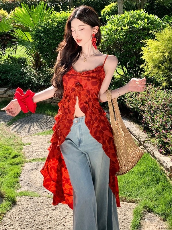 Red V-Neck Camisole with Three-Dimensional Rose Print and Ruffle Design, Split Trailing Long Skirt, French Vacation Style