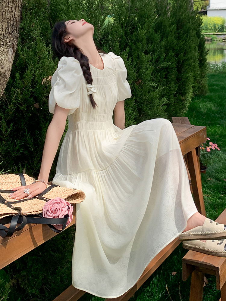Relaxed White Puff Sleeve Dress for Women - Unique Long Summer Dress 2025, Casual Chic Style, Perfect for 90s & Y2K Fashion Lovers
