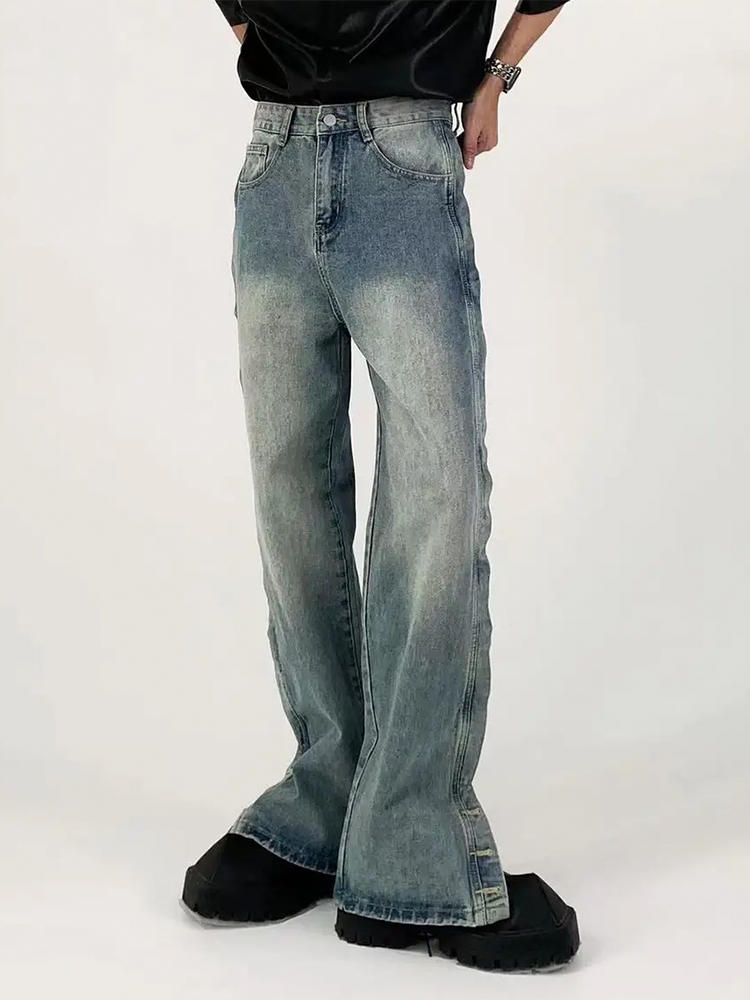 Retro American Split Straight-Leg Jeans - Floor-Length Unisex Wide-Leg Pants with Washed Design, Niche Fashion Style