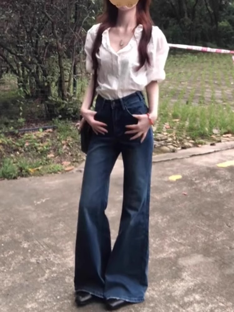 Retro Blue Flared Jeans for Women - Summer Loose Wide-Leg Bell-Bottoms, Non-Skinny Slimming Straight-Leg, Floor-Length Style