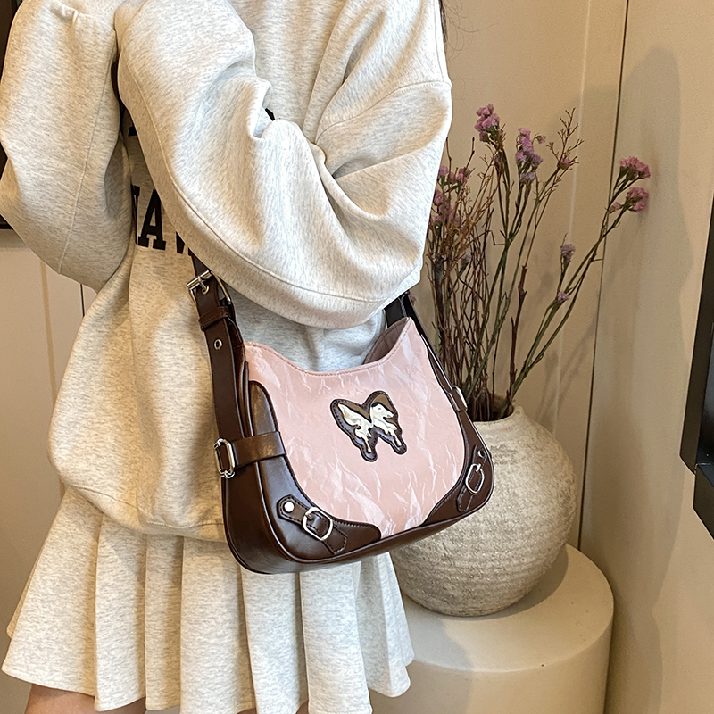 Retro Butterfly Color-Blocking Motorcycle Underarm Bag for Women - 2025 American Sweet Cool Spicy Girl Shoulder Crossbody Bag