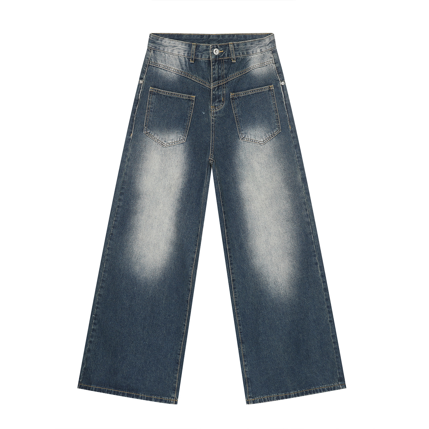 Retro Cleanfit Washed Front Pocket Denim Pants for Men, Loose Straight Wide-Leg Trousers, Y2K Style, Casual Streetwear
