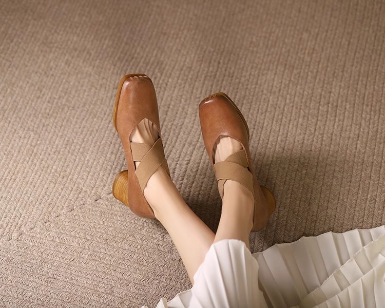 Retro Lace-Up Pig Nose Ballet Shoes for Women, Genuine Leather Square Toe Chunky High Heels Flats, Y2K Style