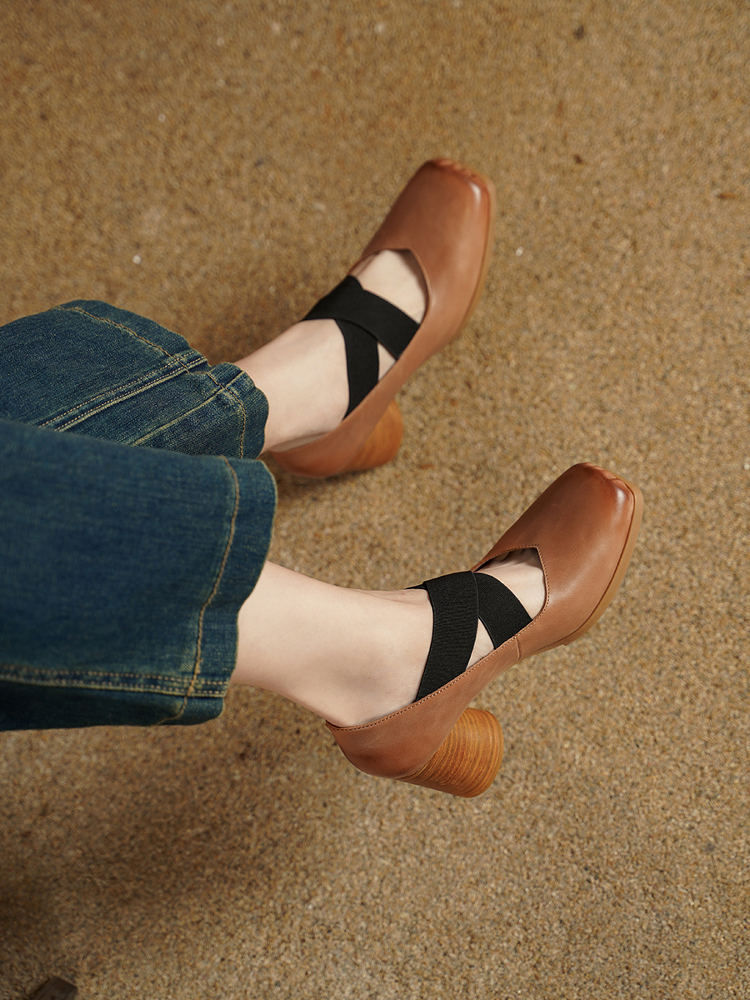Retro Lace-Up Pig Nose Ballet Shoes for Women, Genuine Leather Square Toe Chunky High Heels Flats, Y2K Style