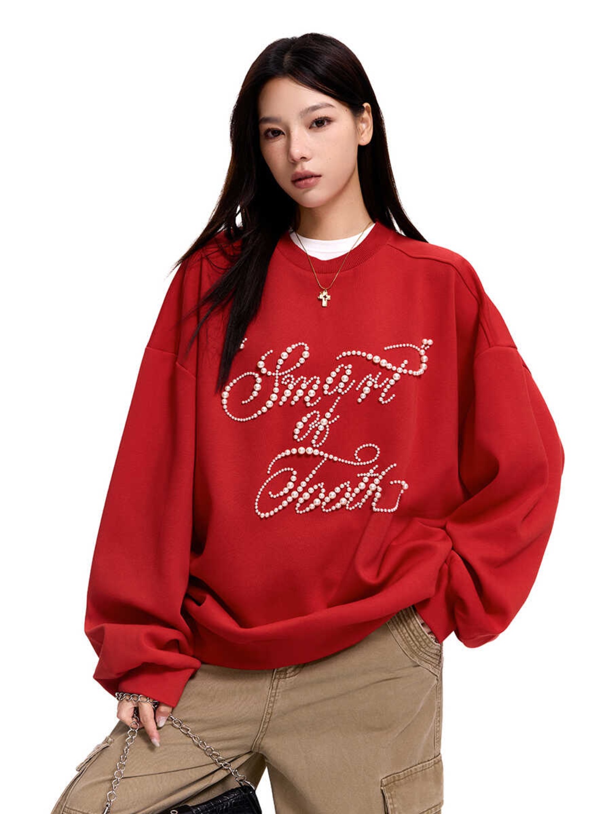 Retro Oversized Pearl Inlaid Round Neck Sweatshirt for Men and Women - American Style Long Sleeve Couple Top Trend