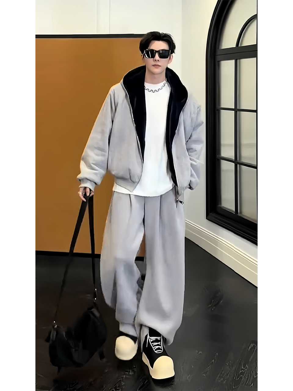 Reversible Plush Hooded Jacket and Casual Long Pants Set - American Retro Winter Fashion, Cozy Outfit for Stylish Comfort