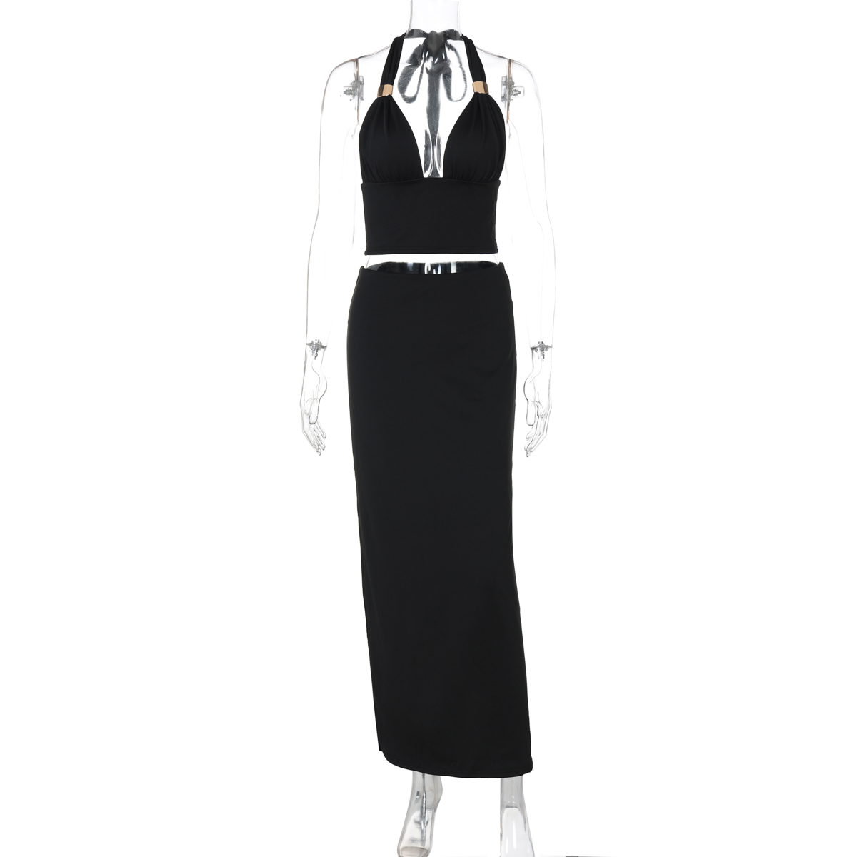 Sexy European American Style Fashion Set for Women - Deep V-Neck Metal Buckle Camisole & High-Waisted Slim-Fit Skirt