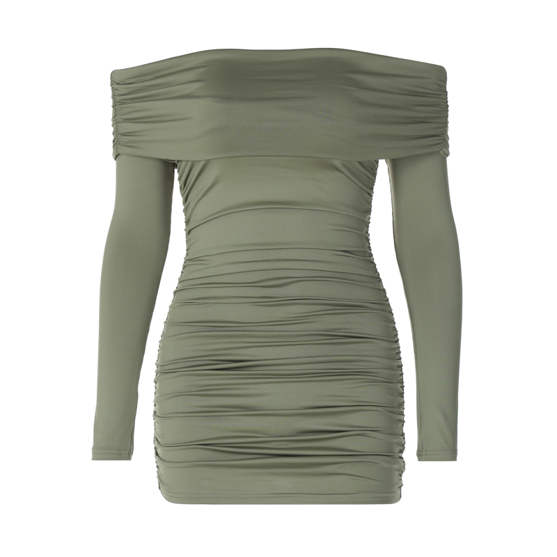 Sexy Folded Collar Long Sleeve Bodycon Dress for Women, Elastic Slim Fit, Flattering Ruched Short Skirt, European American Style