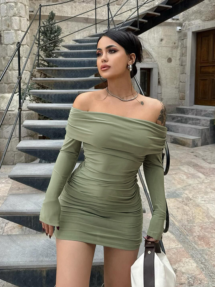 Sexy Folded Collar Long Sleeve Bodycon Dress for Women, Elastic Slim Fit, Flattering Ruched Short Skirt, European American Style
