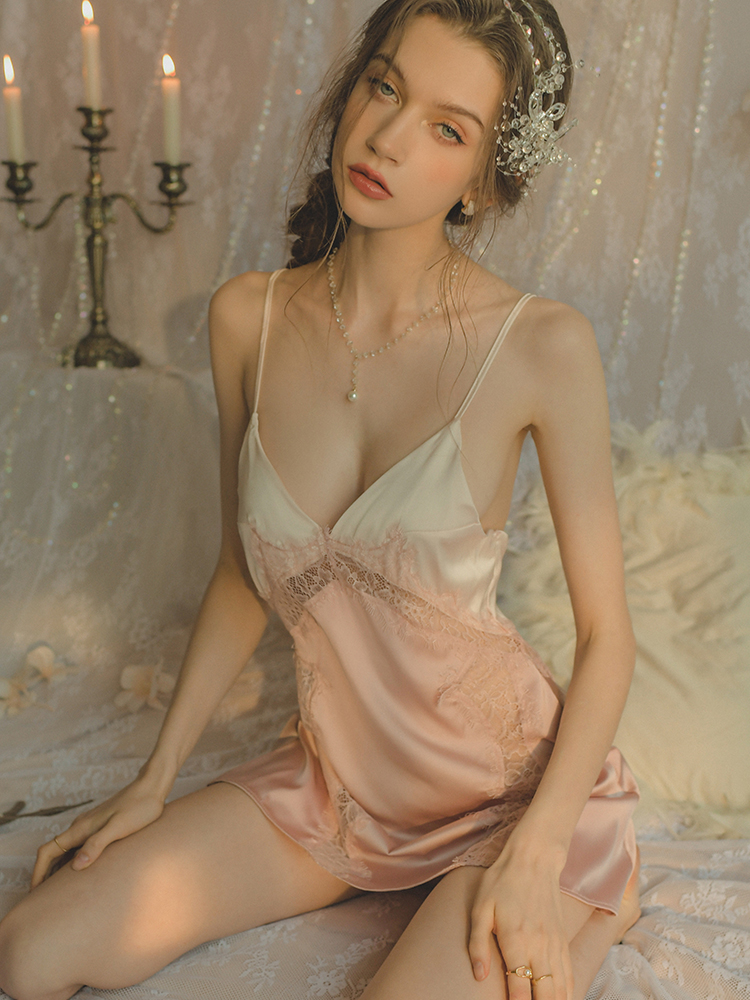 Sexy Lace Camisole Nightgown Set for Women - Ice Silk Sleepwear for Spring & Summer Flirting, Elegant & Comfortable