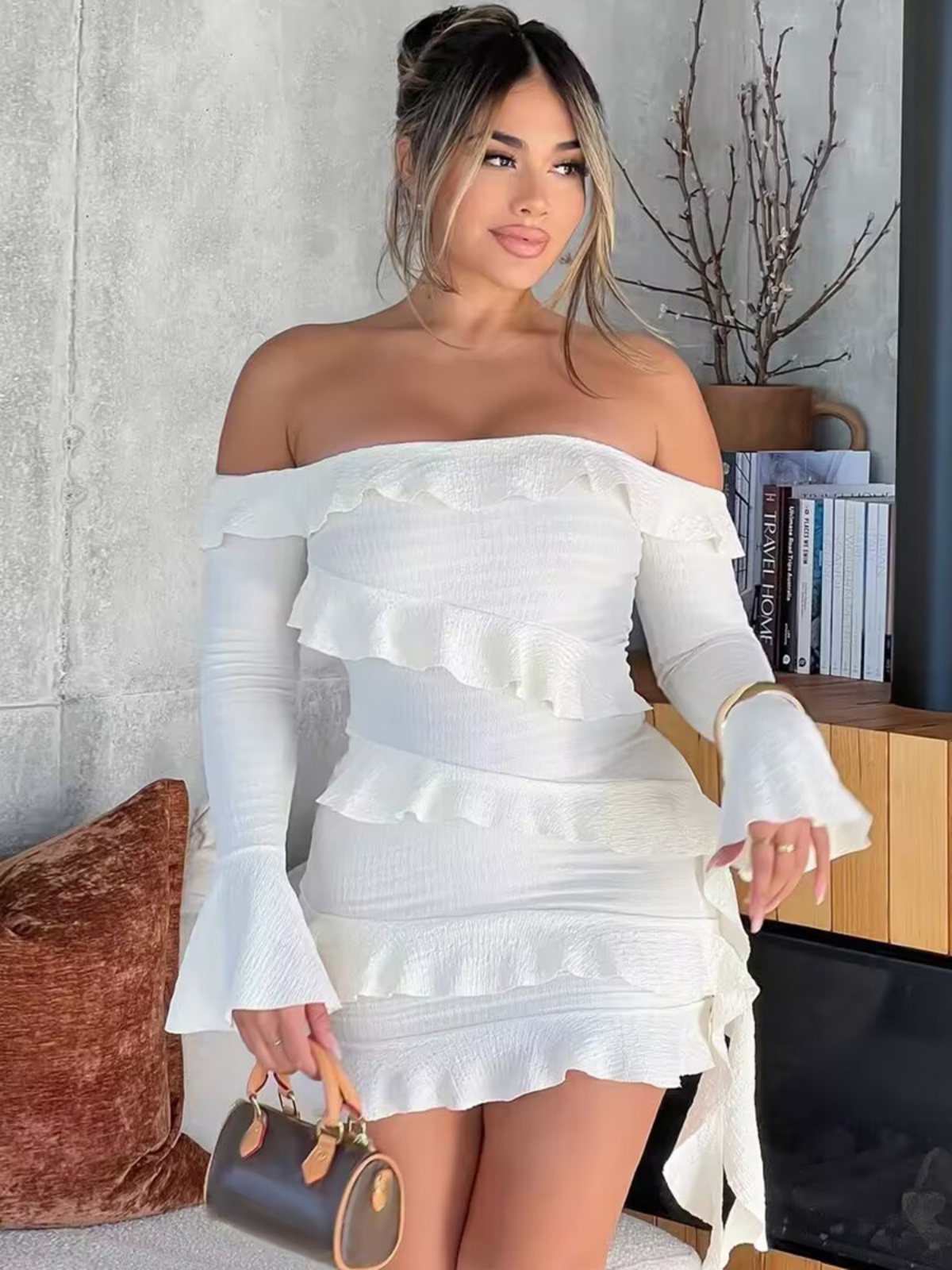 Sexy Off-the-Shoulder Lace-Trimmed Long Sleeve Dress for Women - Fitted Pencil Skirt - Perfect for Y2K and Date Night