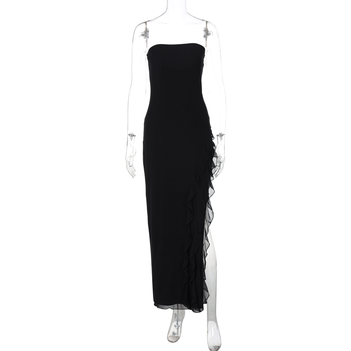 Sexy Off-the-Shoulder Strapless Dress for Women, Double-Layer Mesh Splicing, Slim Fit, Long Split Skirt, European American Style