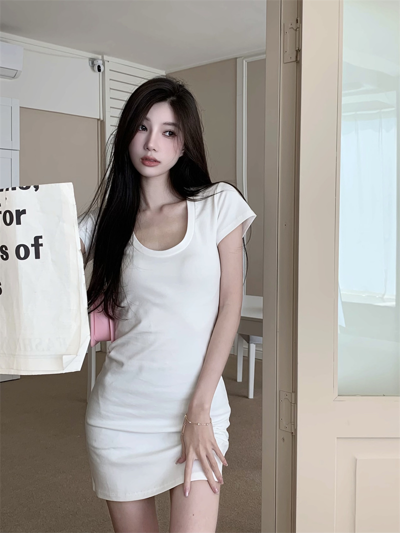 Sexy U-Neck White Bodycon T-Shirt Dress for Women - Minimalist Slim-Fit Short Sleeve Summer Dress