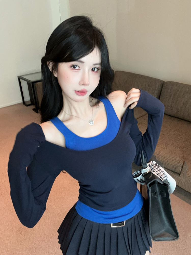 Short Faux Two-Piece Base Shirt for Women - American Jazz Dance K-Pop Top for Girl Group Performance, Trendy Stagewear