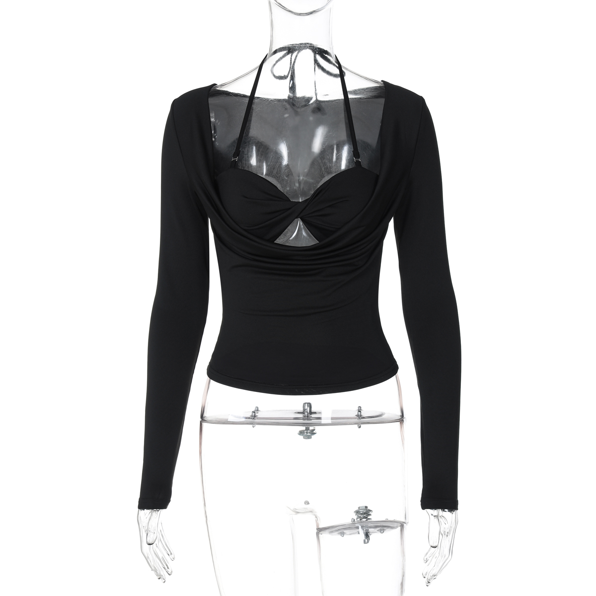 Slim-Fit Hollow Lace-Up Halter Long Sleeve T-Shirt Top for Women - Sexy Y2K Early Autumn Style, European and American Fashion