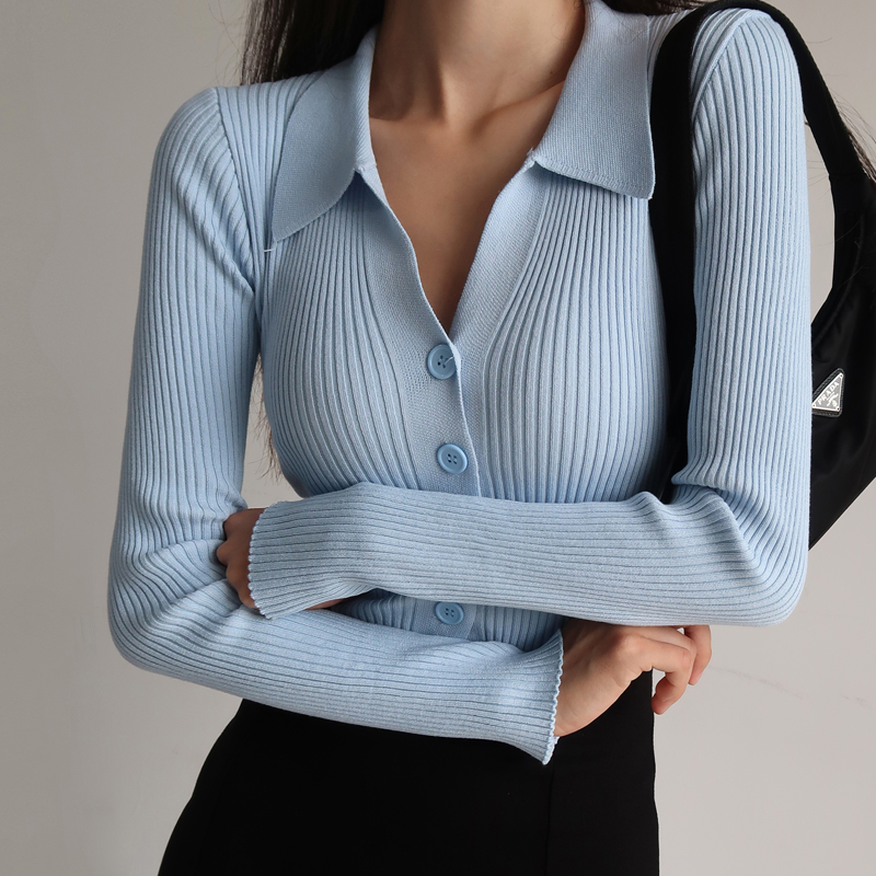Slim Fit V-Neck Knitted Cardigan Sweater for Women - American Style Ribbed Button-Down Long Sleeve Top
