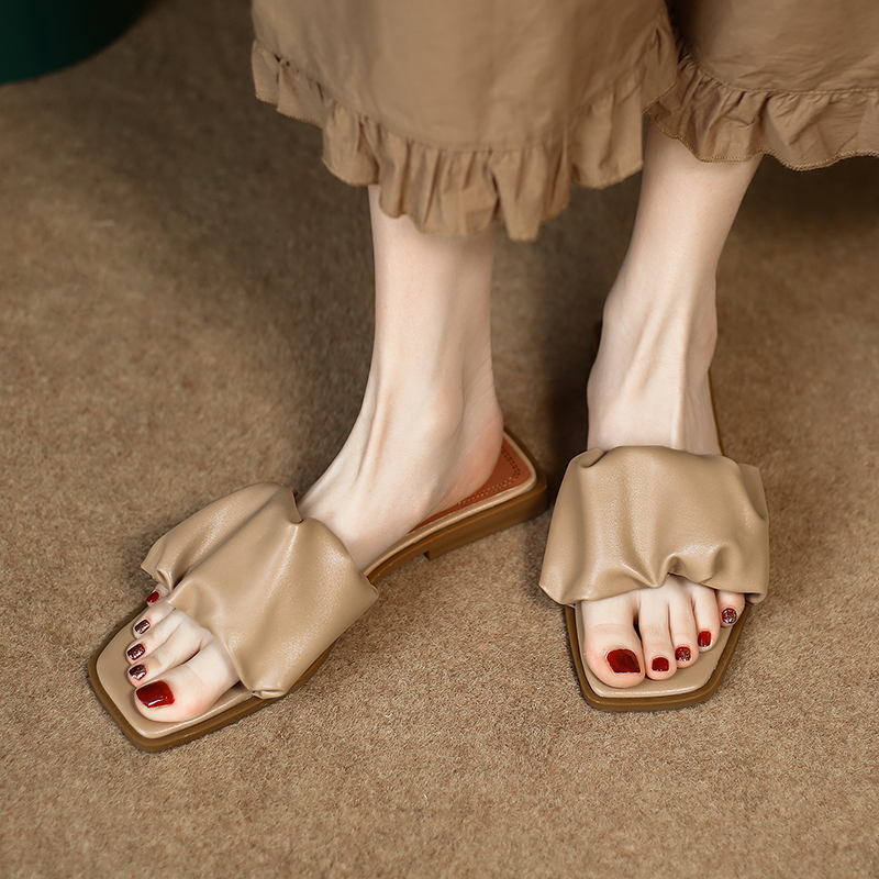 Soft French Pleated Square-Toe Open-Toe Sandals for Women - Summer One-Strap Slippers
