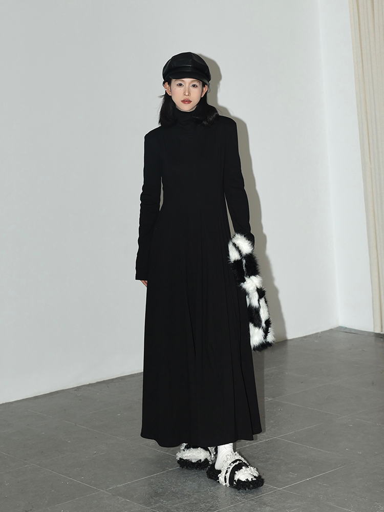Solid Color Turtleneck Long Sleeve Dress for Women - Autumn Winter Korean Style High-End Loose A-Line Skirt