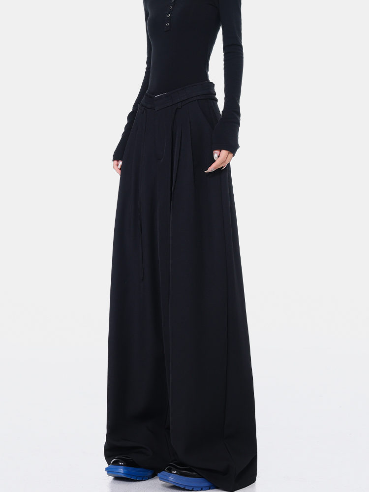 Spring Black Pleated Design Suit Pants for Women - High Waist Loose Draped Floor-Length Trousers, 90s Inspired Fashion