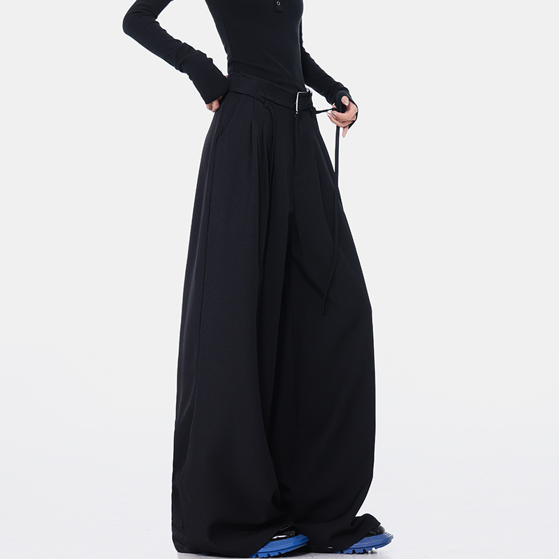 Spring Black Pleated Design Suit Pants for Women - High Waist Loose Draped Floor-Length Trousers, 90s Inspired Fashion