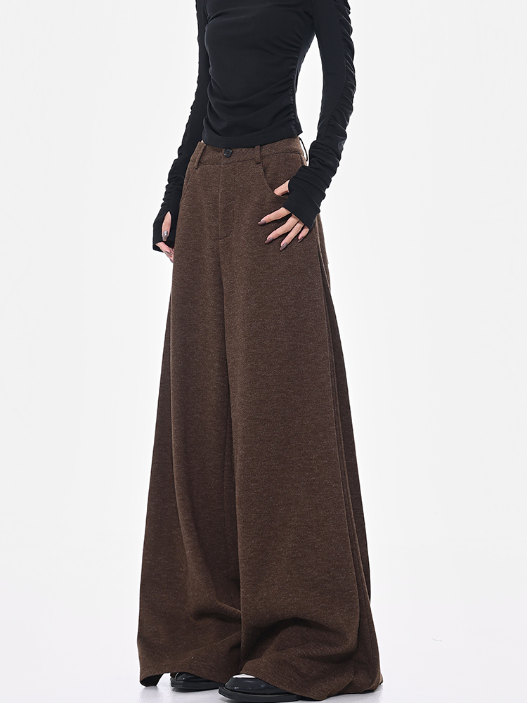 Spring Coffee Color Pleated Wide Leg Loose Fit Suit Pants for Women - Draped Floor-Length Design for Effortless Style