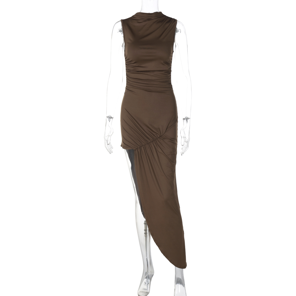 Stylish Slim-Fit Sleeveless Round Neck Dress for Women, Asymmetrical Hem Bodycon Long Skirt, European American Fashion