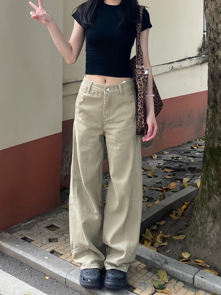 Summer American-Style Khaki Curved Blade Workwear Jeans for Women - Loose Wide-Leg Slim Straight Pants