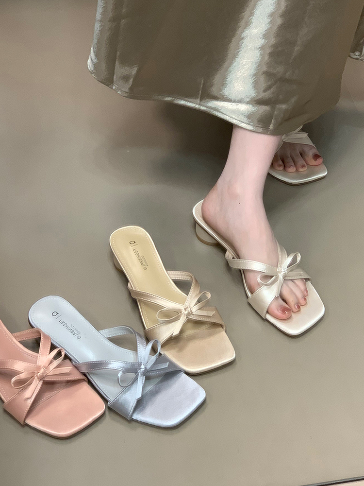 Summer Fairy Style Bowknot Chunky Heels Sandals for Women - Outdoor One-Strap Slippers