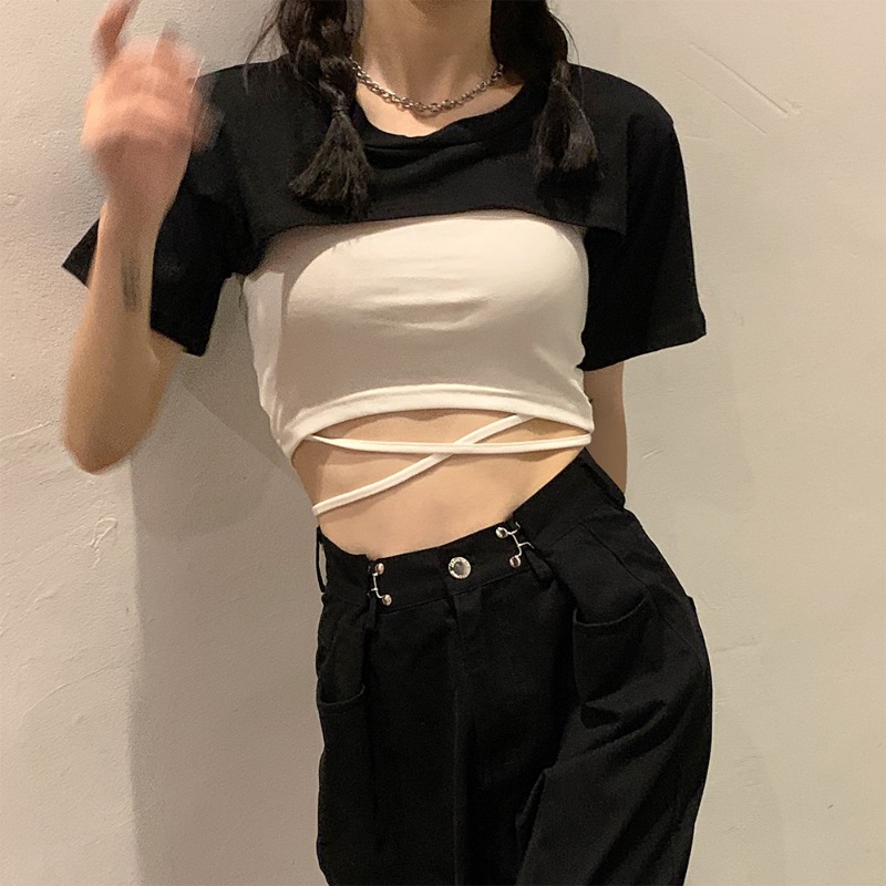 Summer Layered Jazz Top and Camisole Two-Piece Set, Short Sleeve T-Shirt, Girl Group Style Jazz Dance Wear