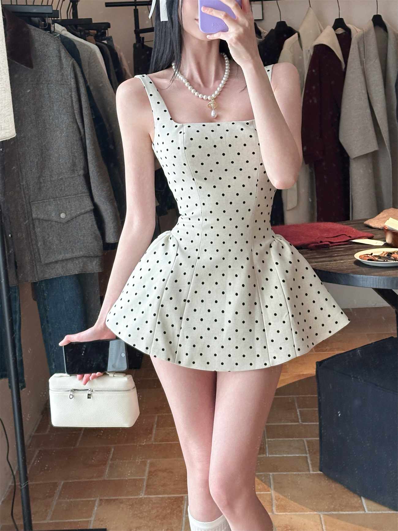Summer White Polka Dot Spaghetti Strap Dress with Waist-Cinching Short Skirt for Women - Cute Y2K Style