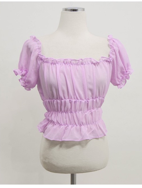 Sweet Shrimp Pink Puff Sleeve Off-Shoulder Ruched Fitted T-Shirt Women's Chiffon Top - Korean Style Fashion